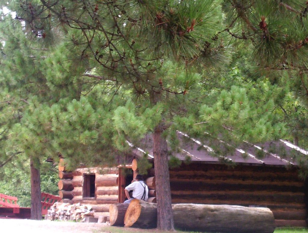 Historic log cabin surrounded by trees in Grand Rapids Minnesota travel destination