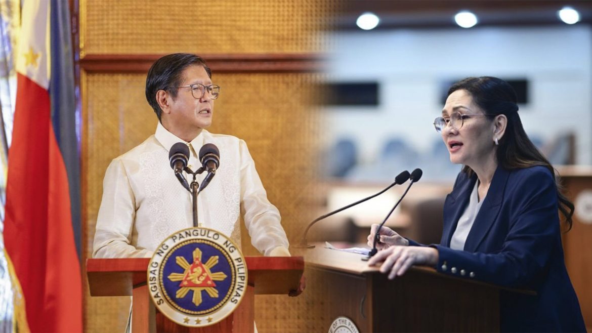 Senator Risa Hontiveros speaks in the Senate as impeachment discussions involving President Marcos draw attention