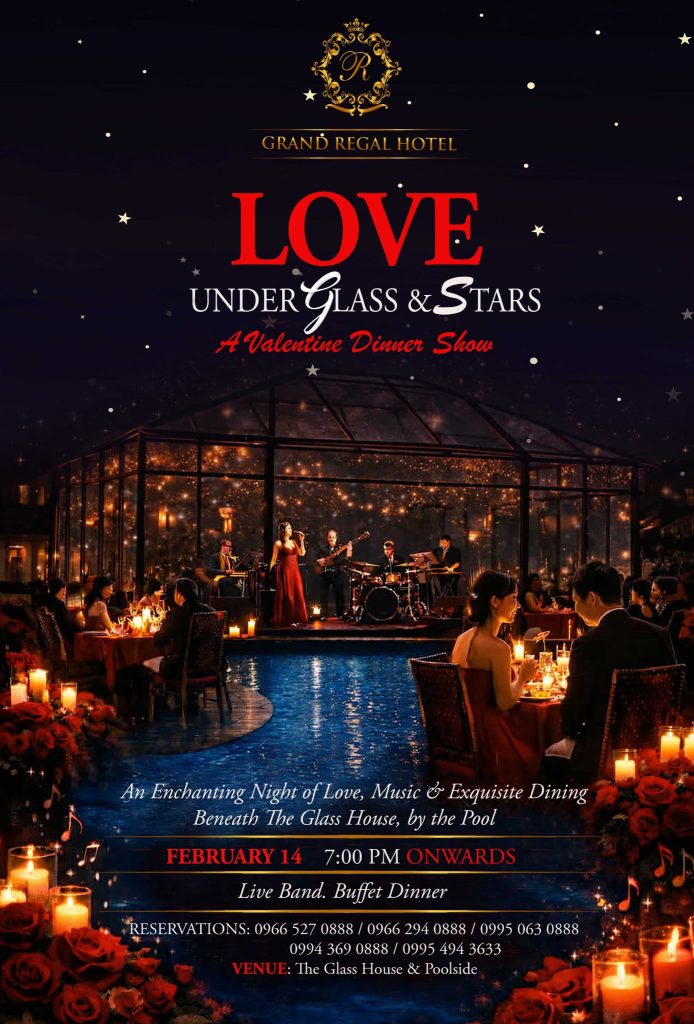 Valentine’s Day-themed artwork titled “Love Under Glass and Stars” featuring a romantic cityscape under glowing lights and stars