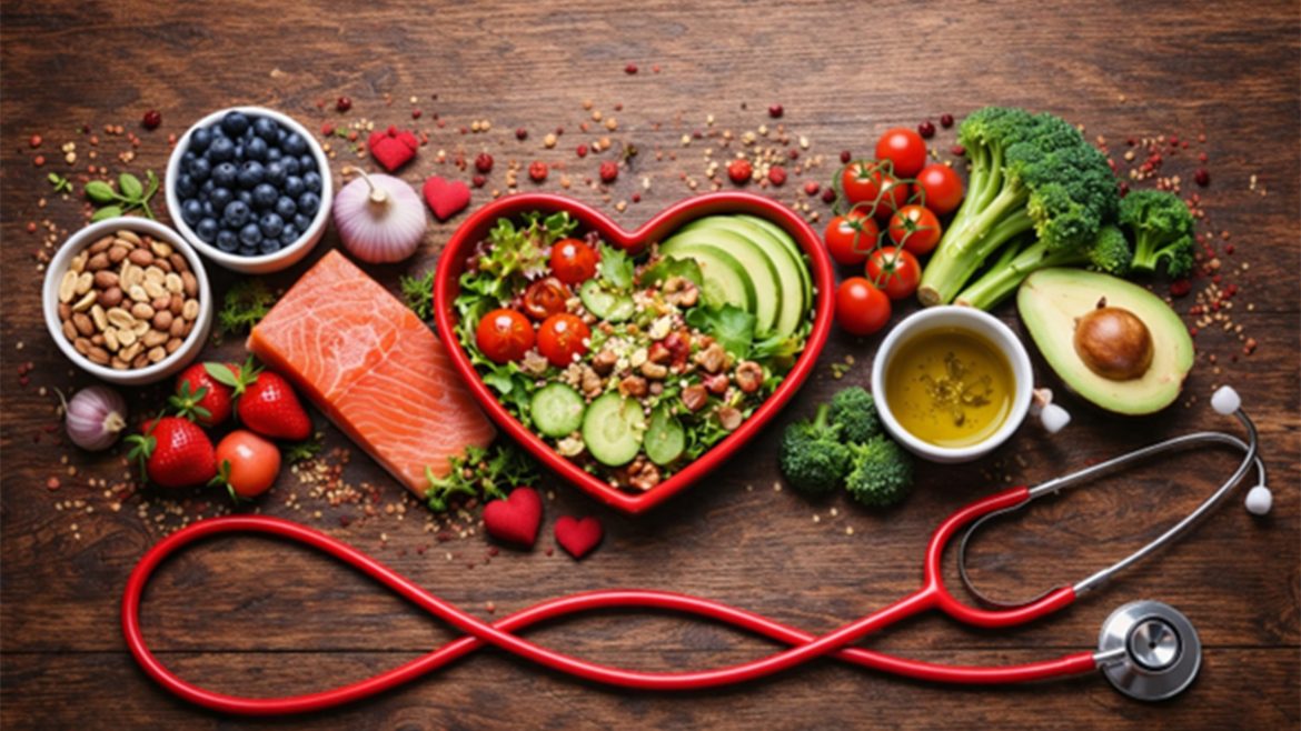 Heart-shaped arrangement of healthy foods including salmon, vegetables, fruits, nuts, and olive oil promoting a heart healthy diet.