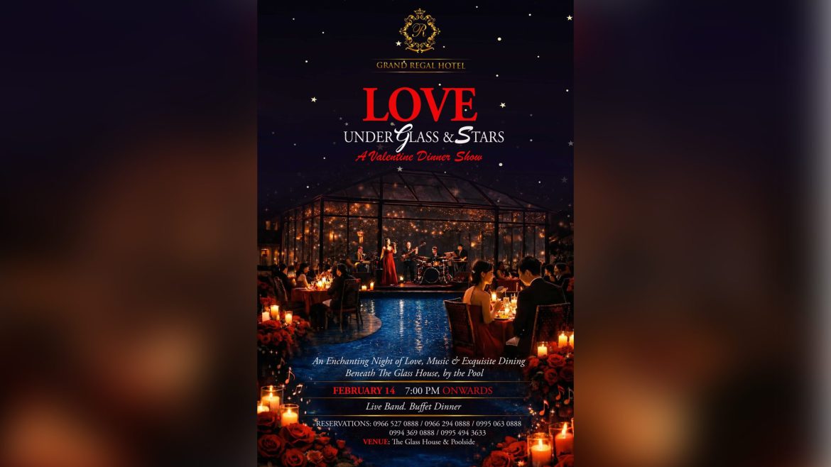 Valentine’s Day-themed artwork titled “Love Under Glass and Stars” featuring a romantic cityscape under glowing lights and stars