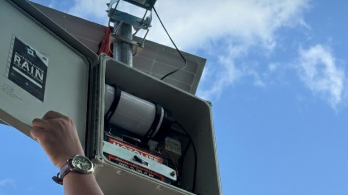 Close-up of automated rain gauge device installed by DOST for early flood warning system in Davao del Sur