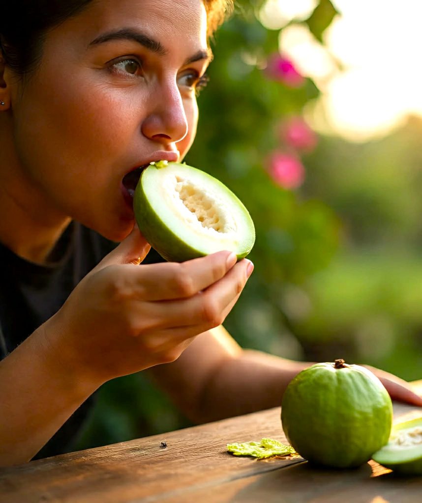 Woman eating a fresh tropical guava fruit known for its vitamin C and antioxidant benefits.