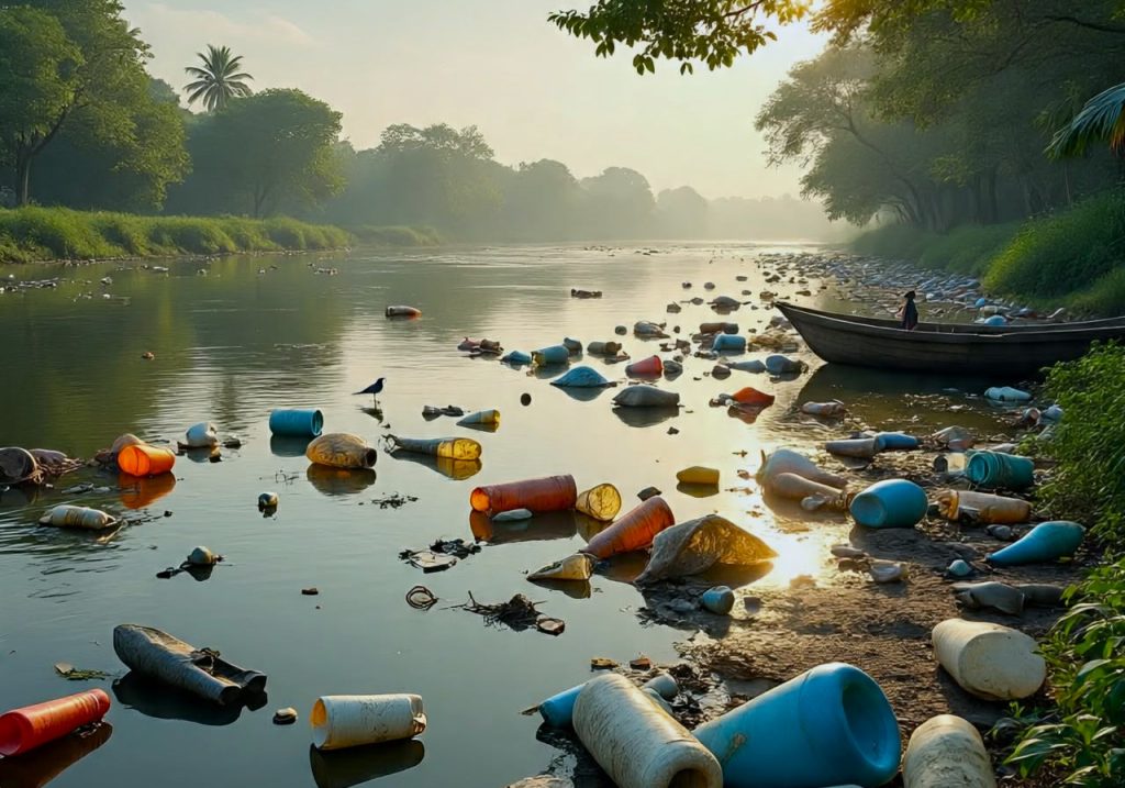 Plastic waste floating in a river, showing the impact of plastic pollution on freshwater ecosystems.