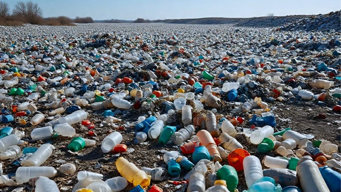Large landfill filled with plastic waste bottles and containers contributing to environmental pollution.