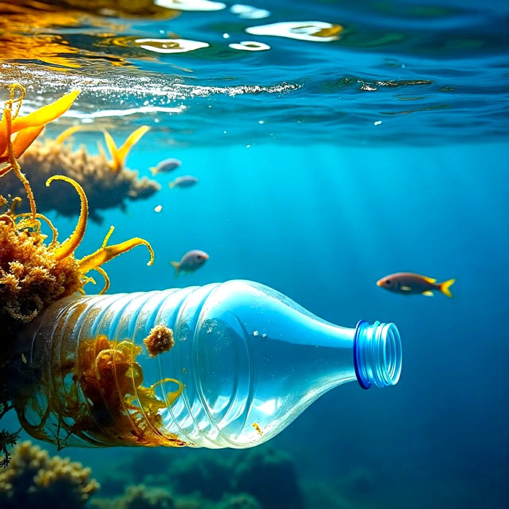 Discarded plastic bottle underwater surrounded by marine life, highlighting ocean plastic pollution.