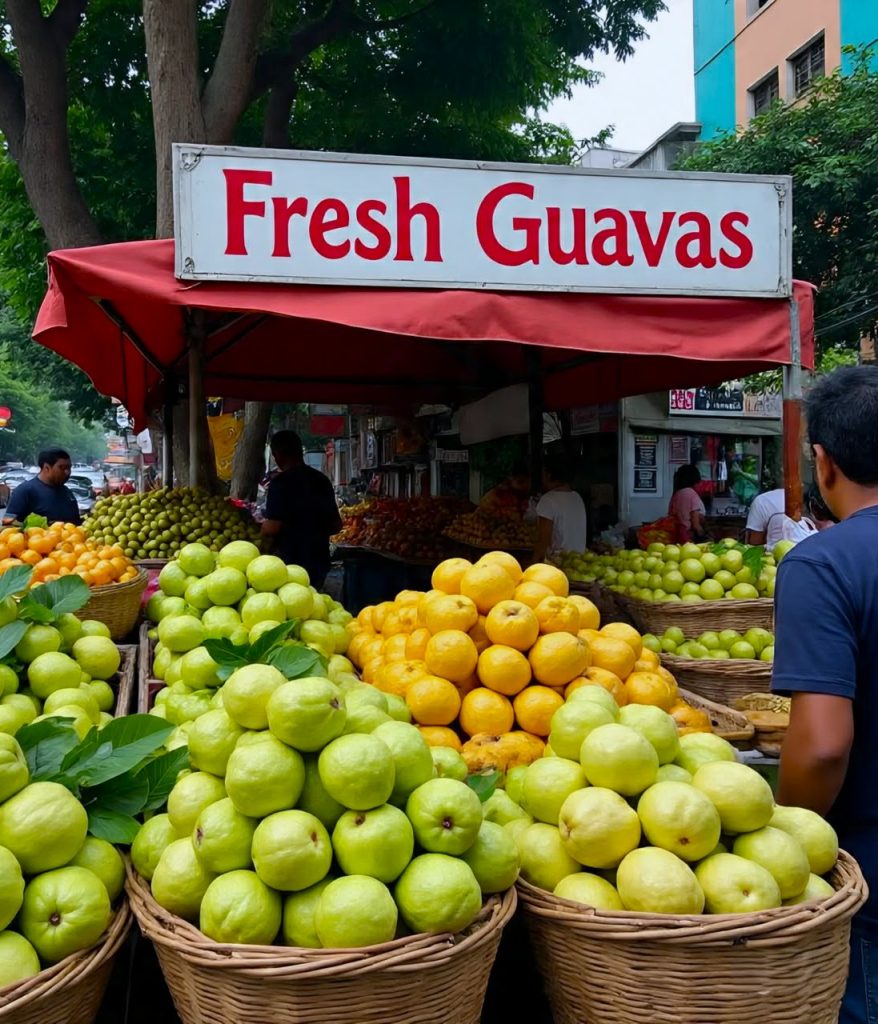 Vendor selling baskets of fresh tropical guava fruits at a local fruit market.