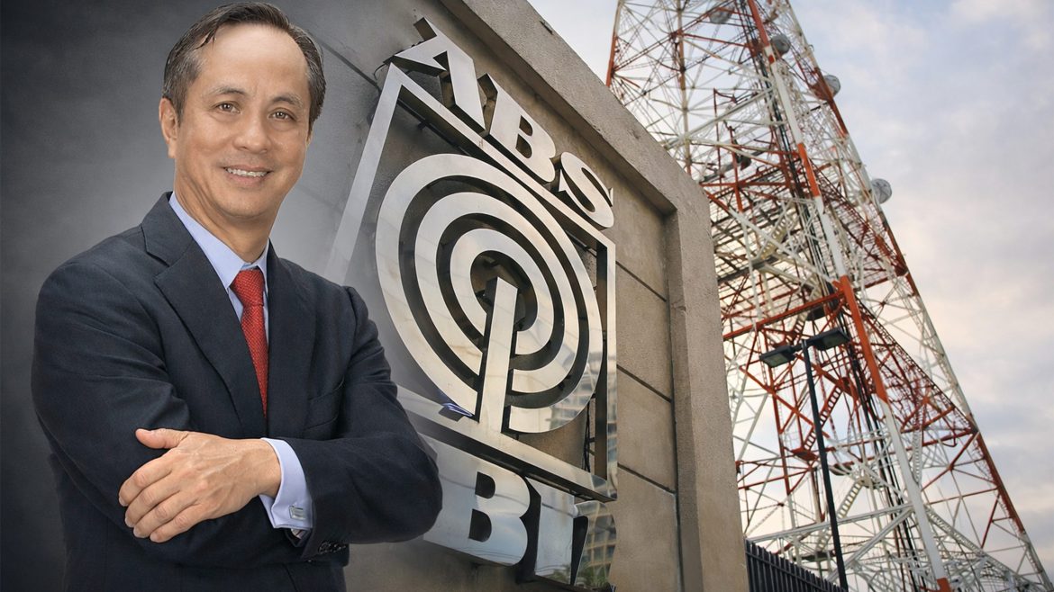 Lopez family executive beside ABS-CBN logo and broadcast tower representing ABS-CBN future Philippines