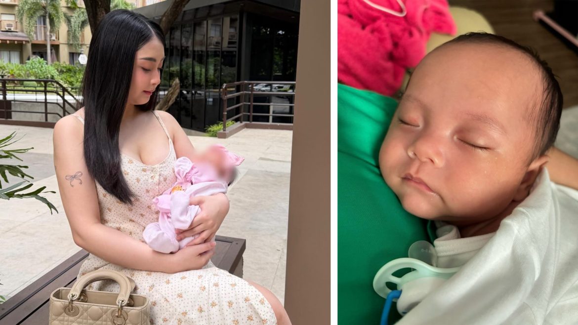 Bea Borres holding her baby as she shares her child’s face online for the first time