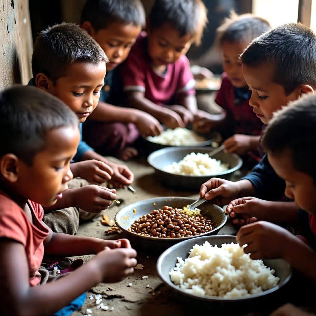 Children suffering from malnutrition eating small portions of food highlighting global child mortality crisis