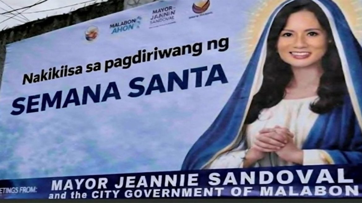 Fake Birheng Maria tarpaulin Malabon showing Mayor Jeannie Sandoval depicted in religious attire during Holy Week controversy