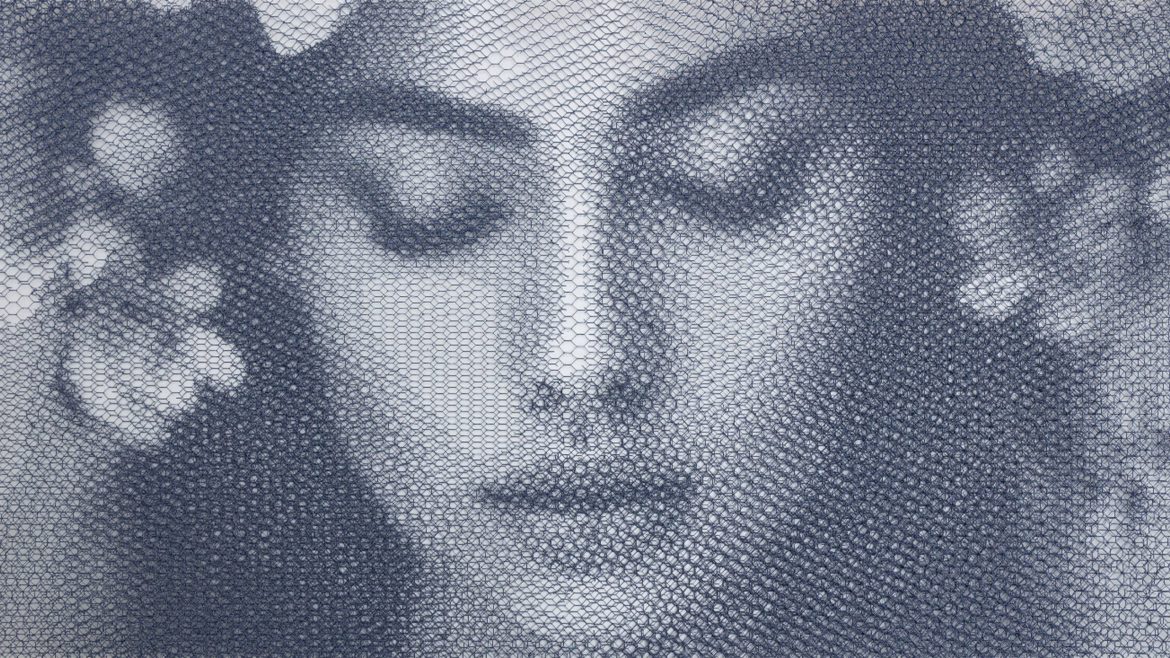 Layered portrait artwork displayed at Giorgio Tentolini exhibition Hotel Eden in London