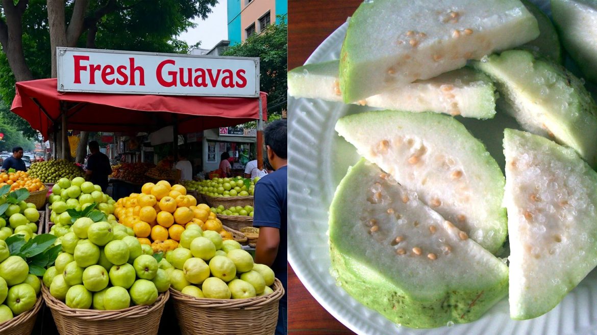 Fresh tropical guava fruits and slices highlighting the nutritious tropical fruit rich in vitamin C.