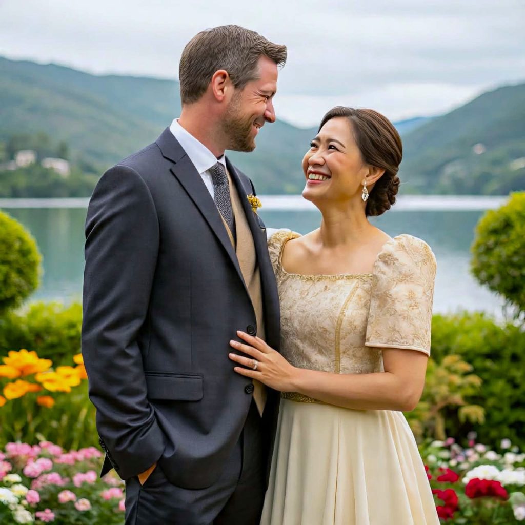 Filipina woman and foreign husband posing together in a scenic outdoor location.