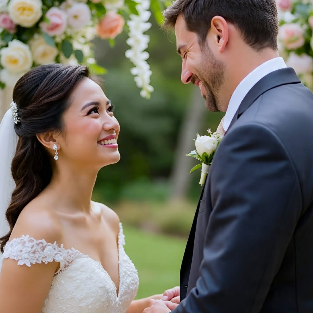 Filipina bride and foreign groom smiling during an outdoor wedding ceremony.