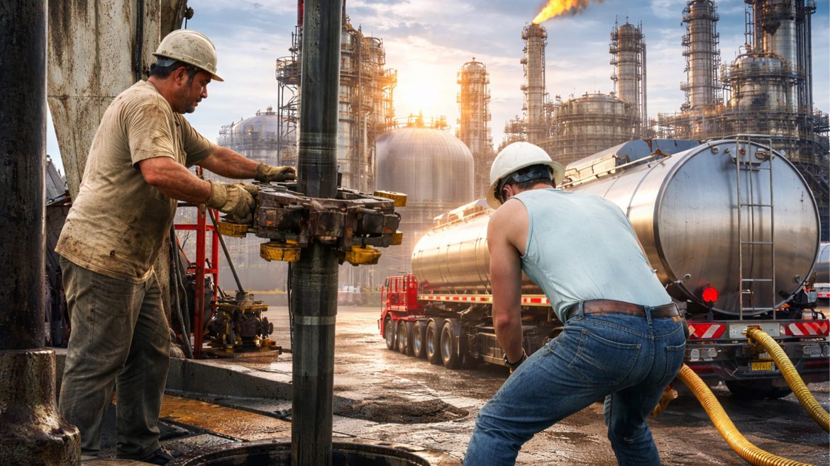 workers operating oil drilling equipment showing how diesel is made from crude oil in refinery process