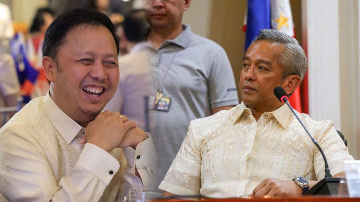 DILG Secretary Jonvic Remulla and businessman Zaldy Co seen during a government meeting related to flood control projects in the Philippines