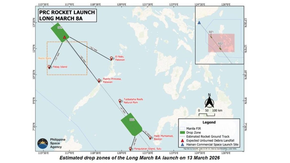 Map showing projected debris drop zones from the Long March 8A rocket launch near Philippine waters