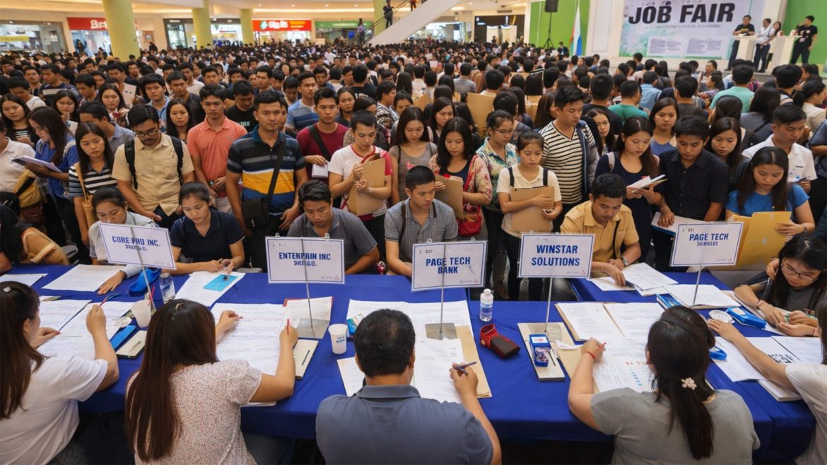 Large crowd of Filipino job seekers attending a job fair in a shopping mall in the Philippines.
