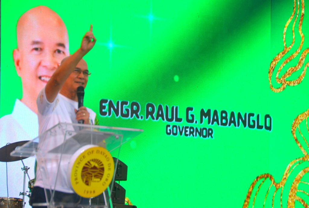 Governor Raul Mabanglo delivers a speech during the Davao de Oro 28th Founding Anniversary celebration at the Bulawan Festival