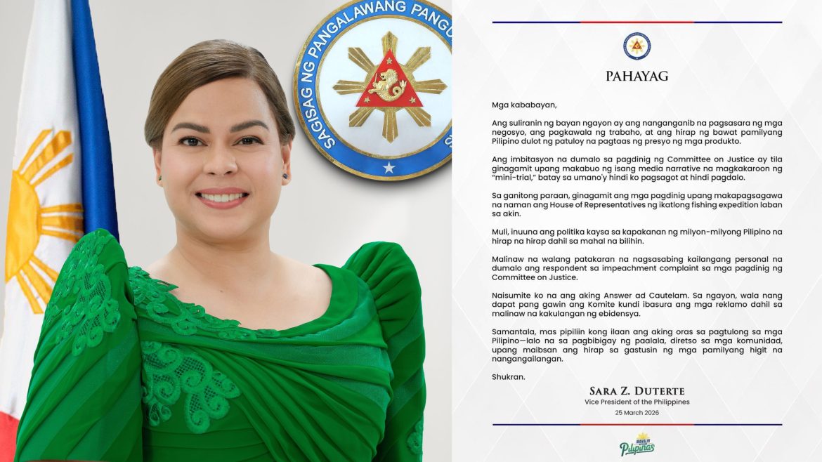 Sara Duterte beside official statement as Sara Duterte impeachment hearing issue draws public attention in the Philippines