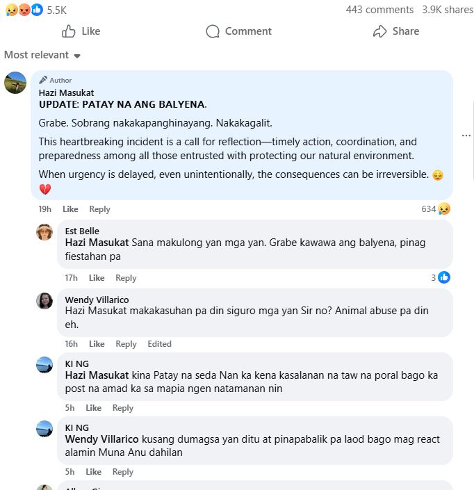 Social media post showing public reactions to the stranded whale Sultan Kudarat incident