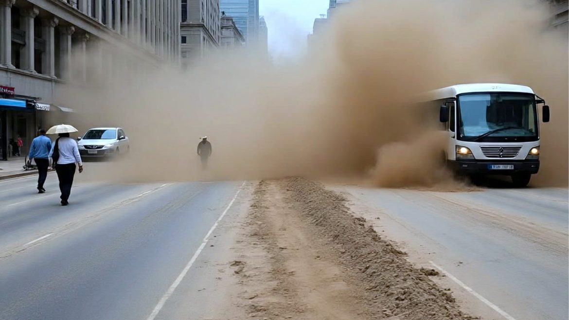 Urban road dust rising from a city street which may contain microplastics harmful to human health