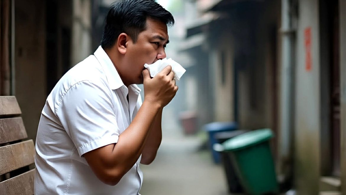 man with tuberculosis coughing illustrating need for WHO TB diagnostic tools for early detection