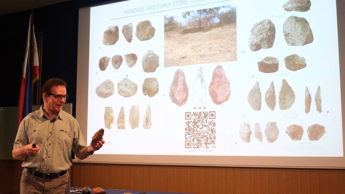 Dr. Alfred Pawlik presenting Ateneo archaeobot Philippines findings showing ancient tools and artifacts during a research lecture