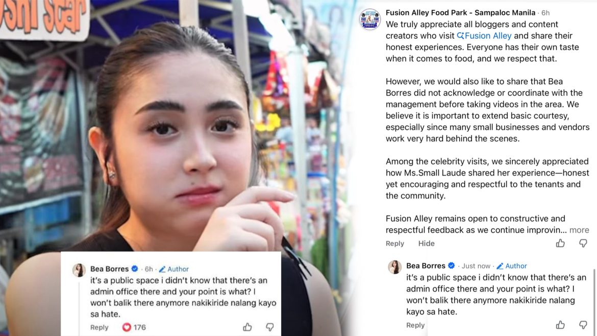 Bea Borres Fusion Alley issue showing influencer and official statement screenshot side by side
