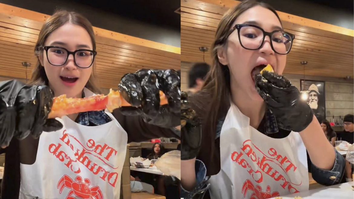 Jhoanna Robles mukbang video showing the BINI leader eating seafood while wearing gloves indoors