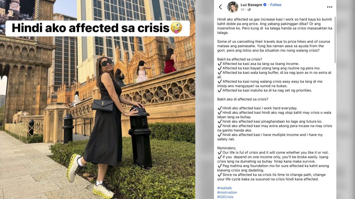 Luz Basagre apology statement following backlash from her not affected crisis post