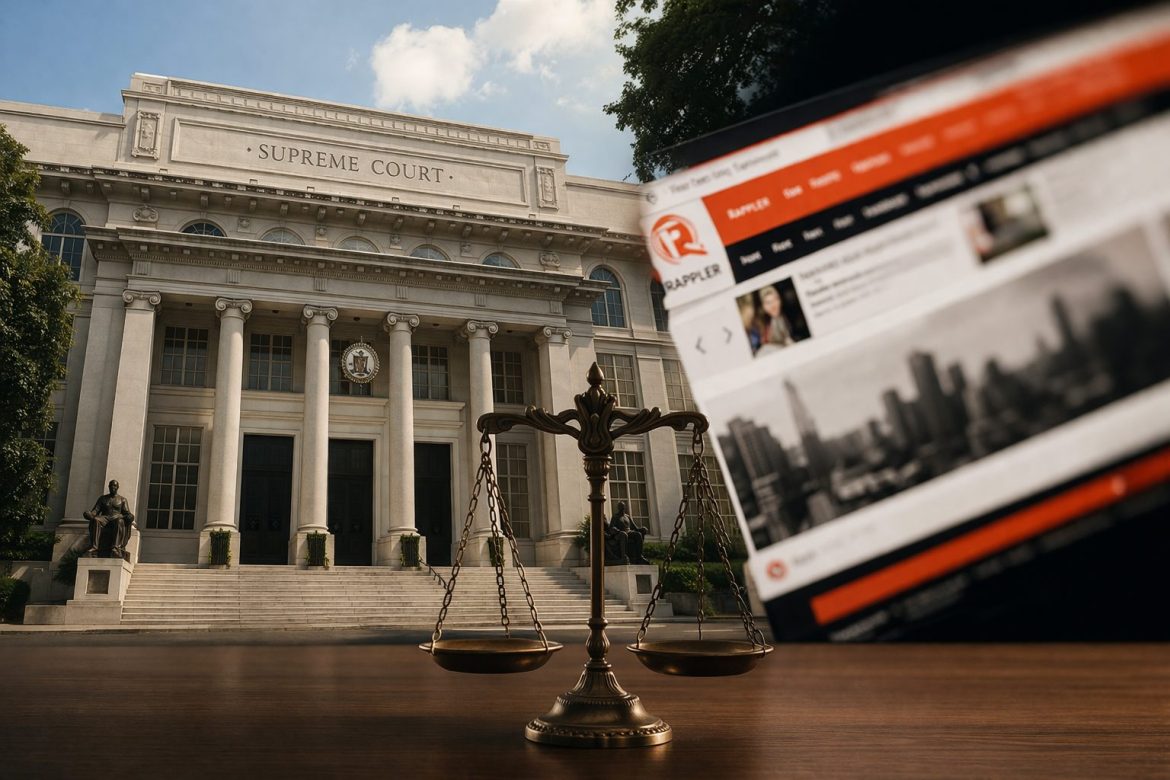 Supreme Court building and Rappler website visual representing Rappler shutdown case Supreme Court decision in the Philippines