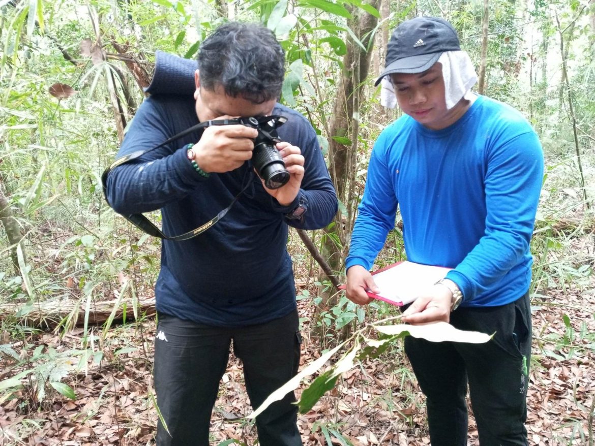 A researcher photographs plant specimens during a field study near the Amnay River.