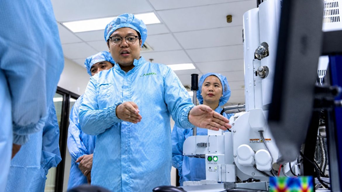 DOST researchers using nanoscale analysis equipment in a semiconductor laboratory in the Philippines
