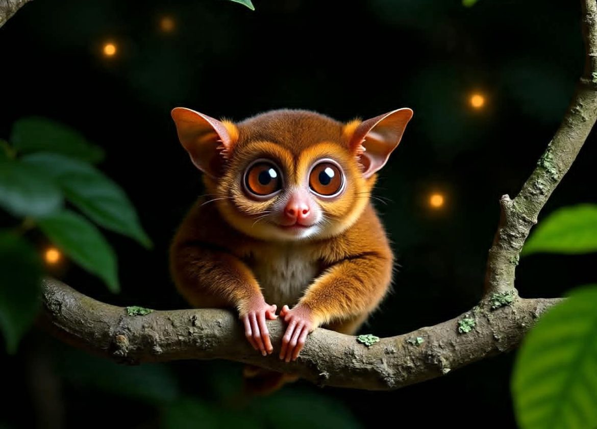 A close-up image of a Philippine tarsier on a tree branch surrounded by forest foliage.