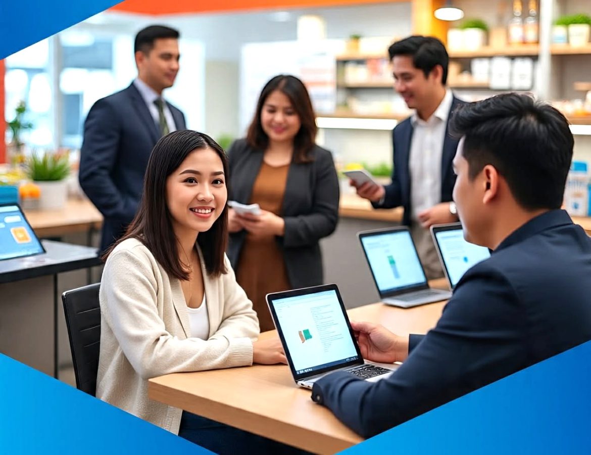 Filipino professionals discussing digital banking services in a modern office environment