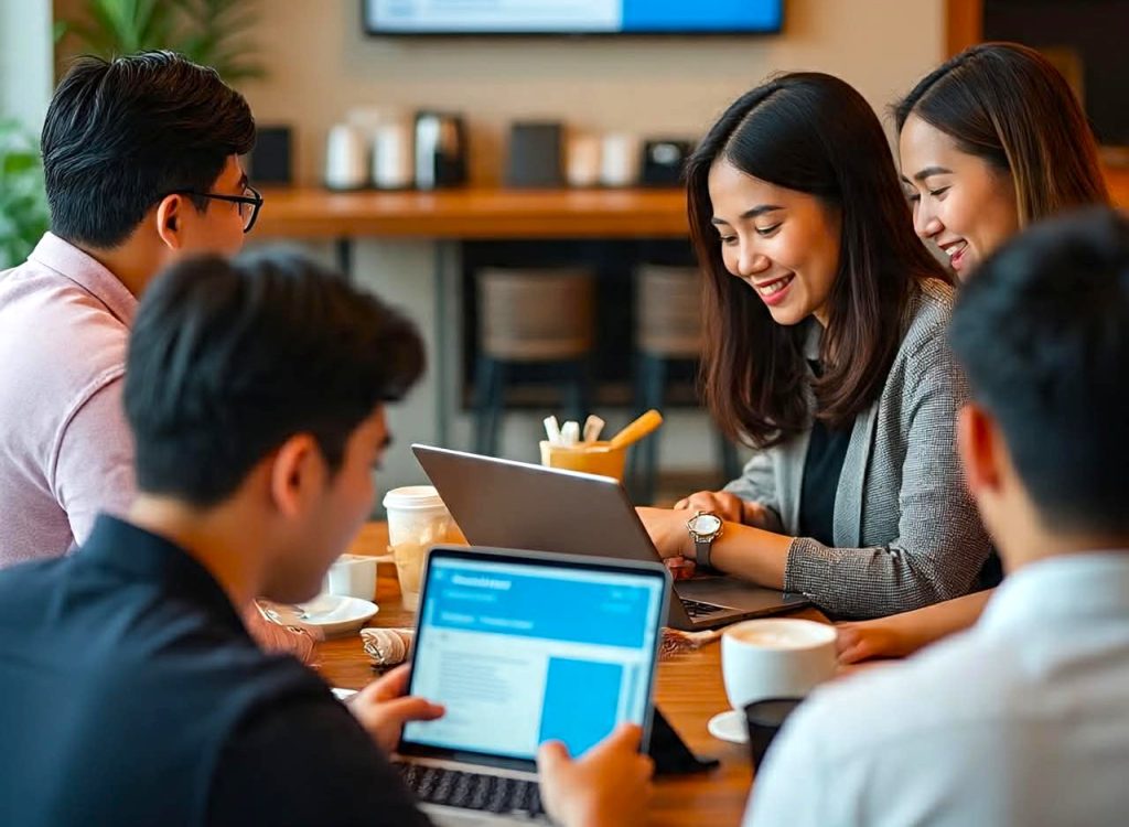 Group of young Filipino adults using smartphones and laptops for digital payments in a casual setting