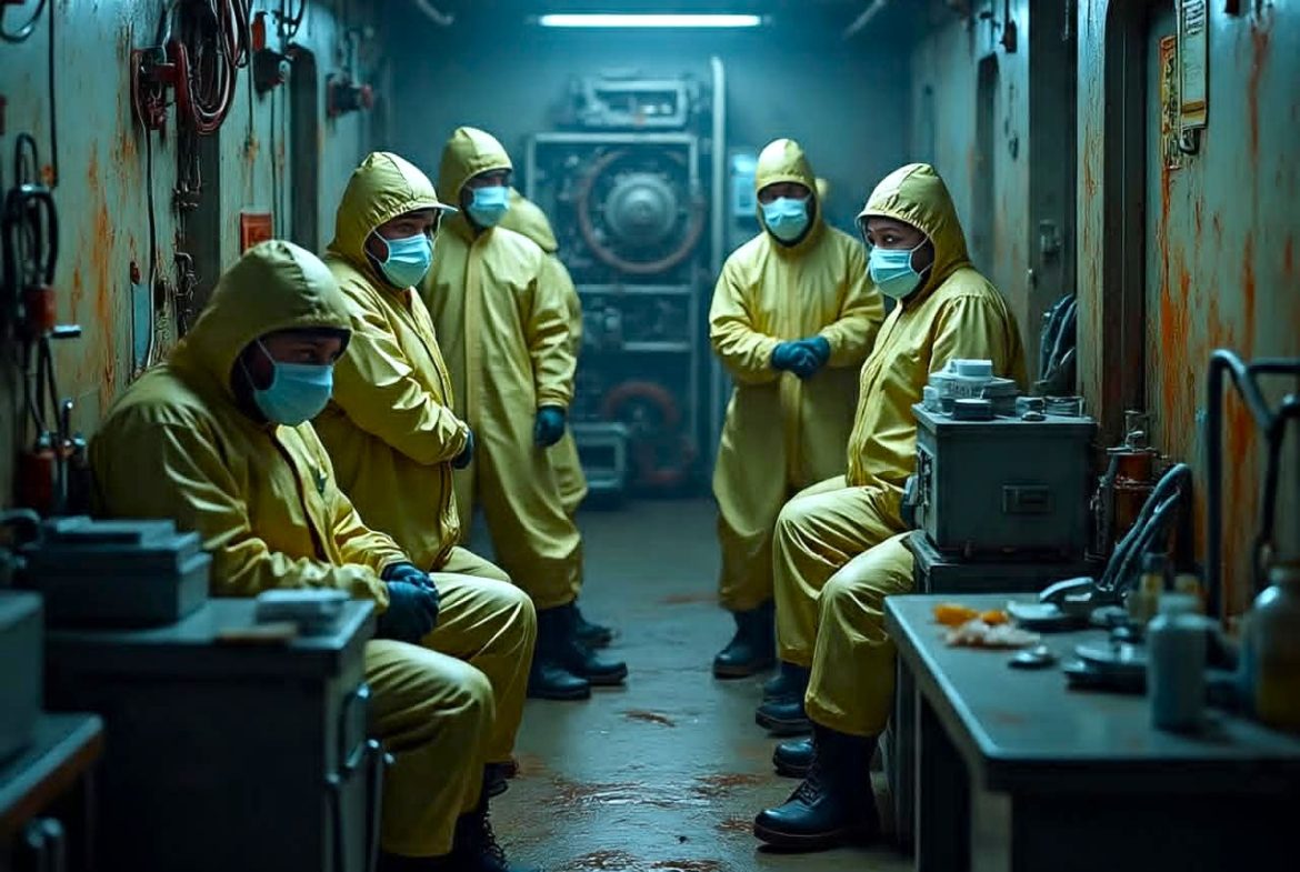 Health workers in protective equipment inside a ship during a disease investigation response.