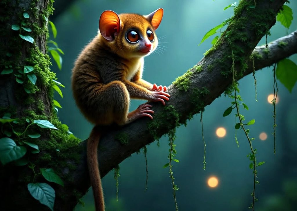 A Philippine tarsier sitting quietly on a moss-covered tree branch in a tropical forest.