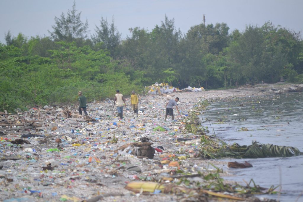 Plastic pollution scattered across a beach shoreline